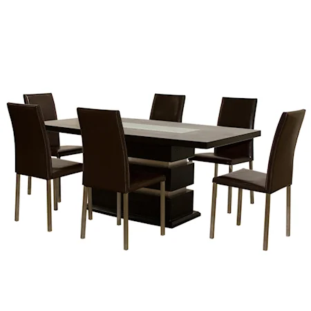 7 Piece Crackled Glass Table & Mocha Chair Set